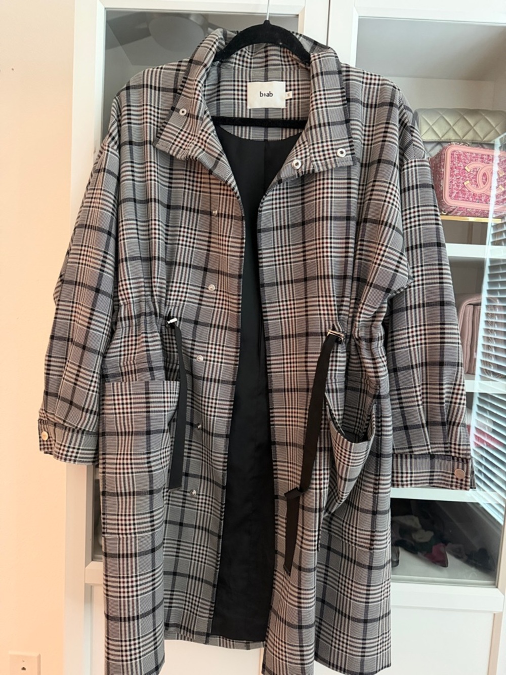 Plaid Gray Drawstring Trench Coat with Snap Front
